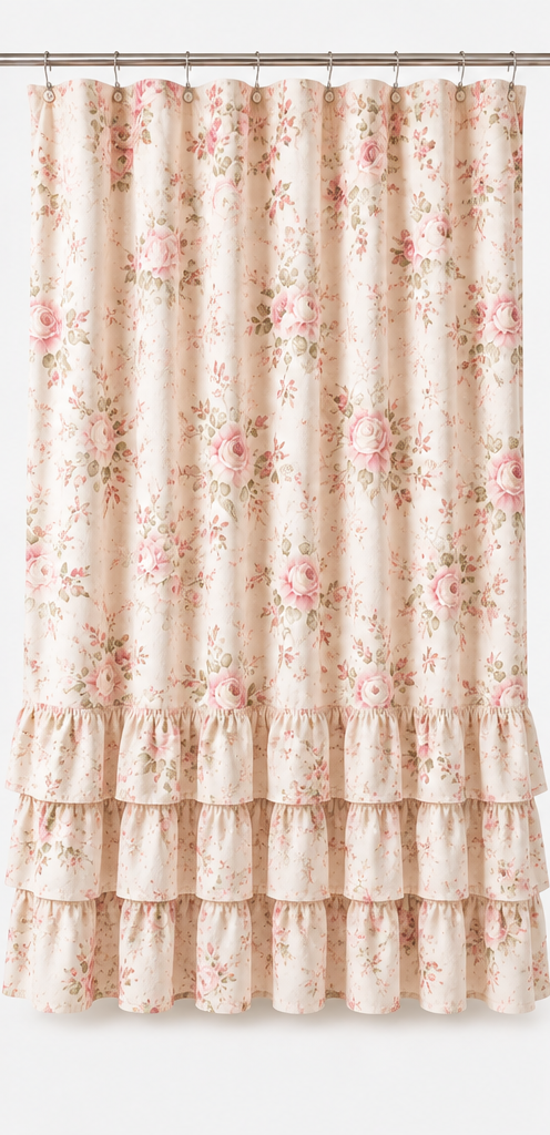 BF&M Rose Ruffle Shower Curtain, Pink Floral
