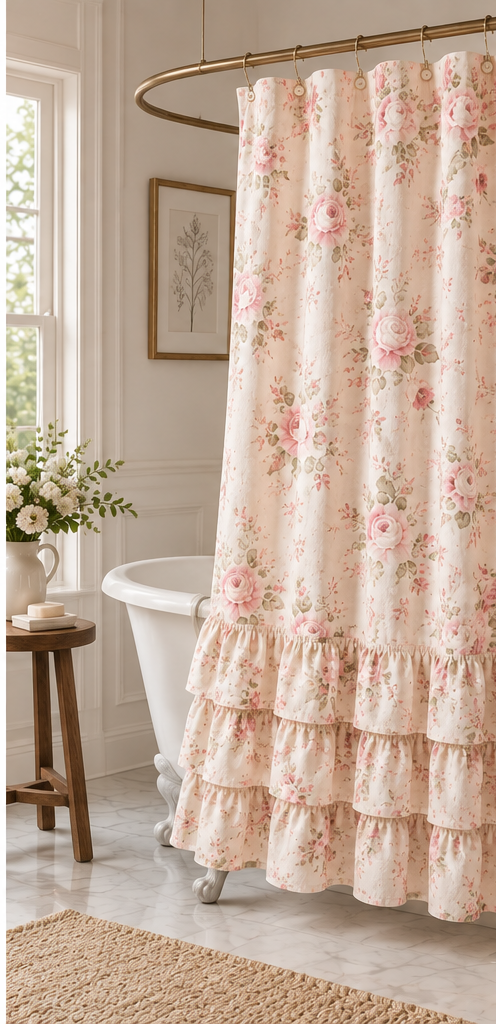 BF&M Rose Ruffle Shower Curtain, Pink Floral