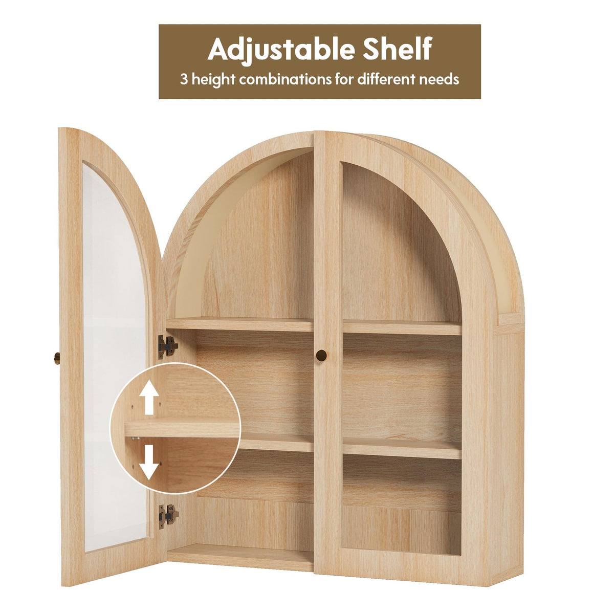 BF&M Modern Arched Wall Cabinet, Large Bathroom Storage Cabinet with Adjustable Shelf – Natural Oak