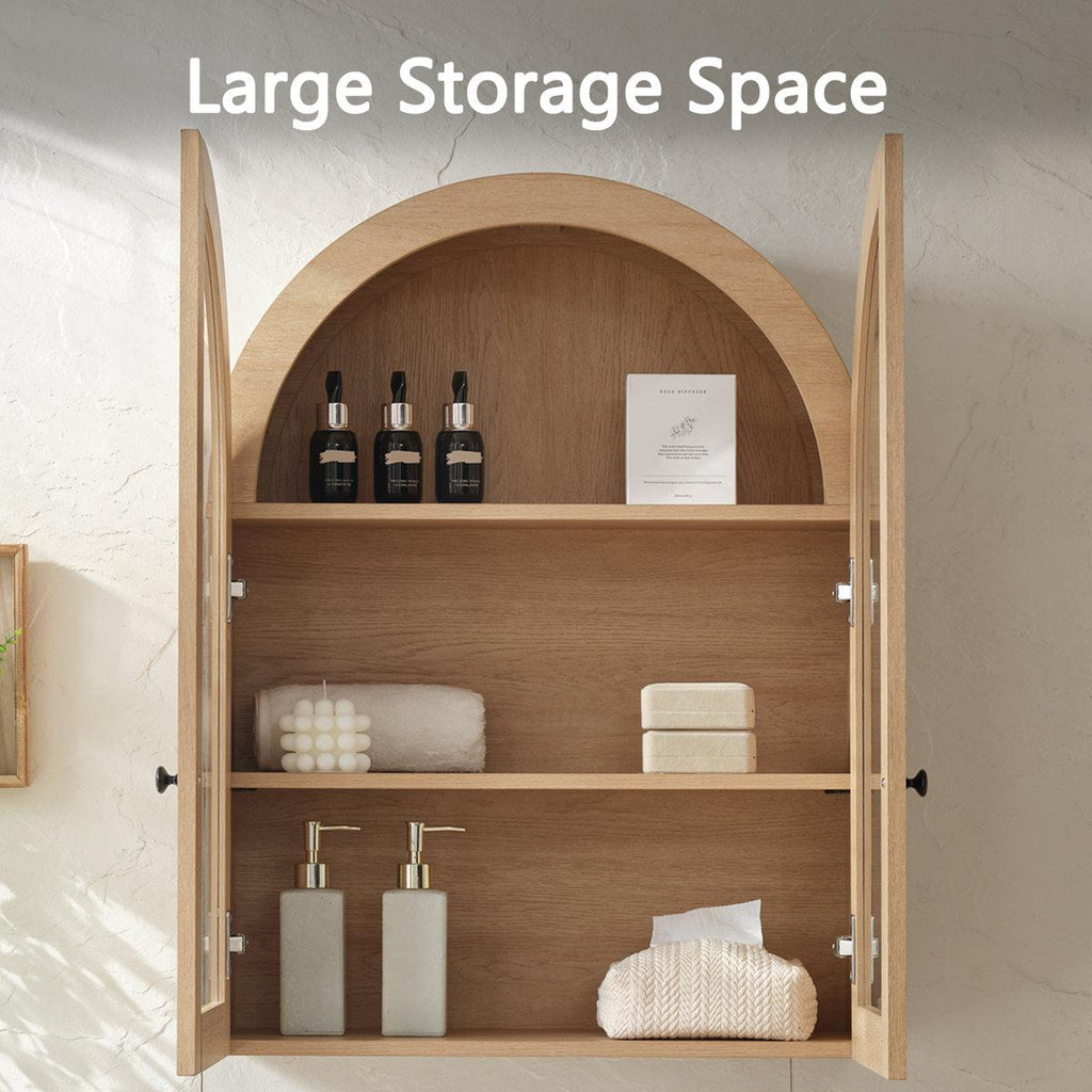 BF&M Modern Arched Wall Cabinet, Large Bathroom Storage Cabinet with Adjustable Shelf – Natural Oak