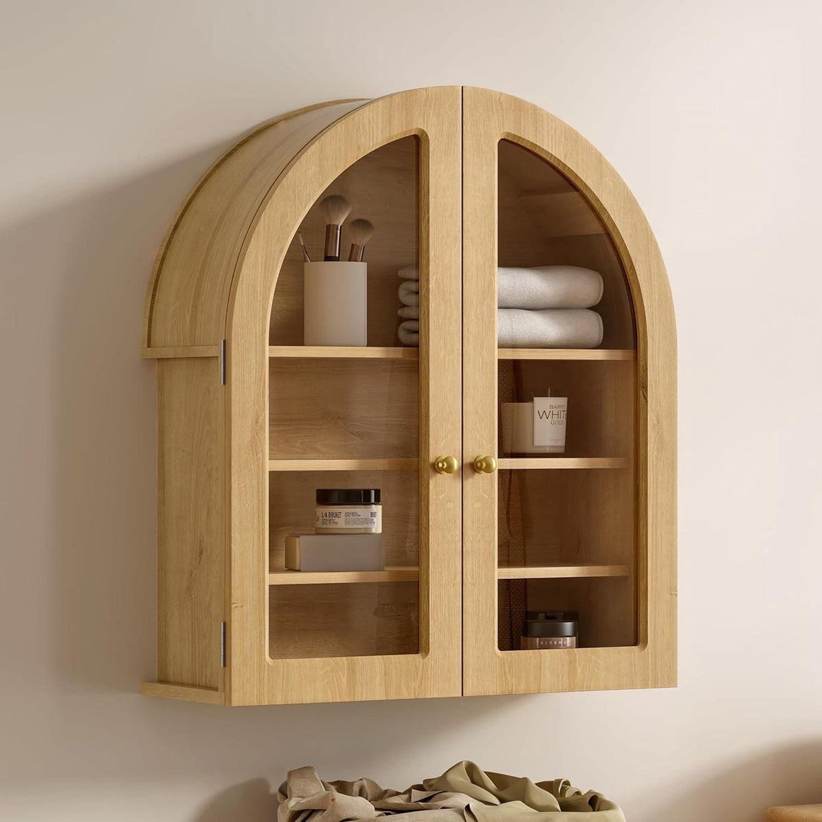 BF&M Modern Arched Wall Cabinet, Large Bathroom Storage Cabinet with Adjustable Shelf – Natural Oak